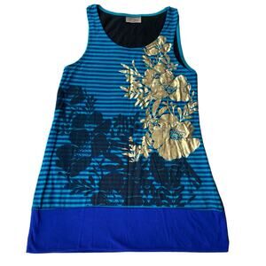 Ella J Dress Sz M Tank Top Tunic Black Blue Gold Rayon Casual Summer Fun Floral